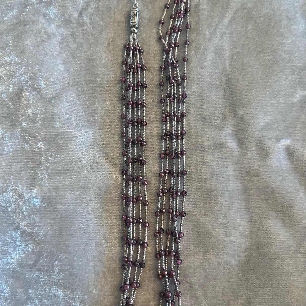Multi Strand Beaded Necklace Silver Tone Deep Plum Long Statement - Picture 5 of 7